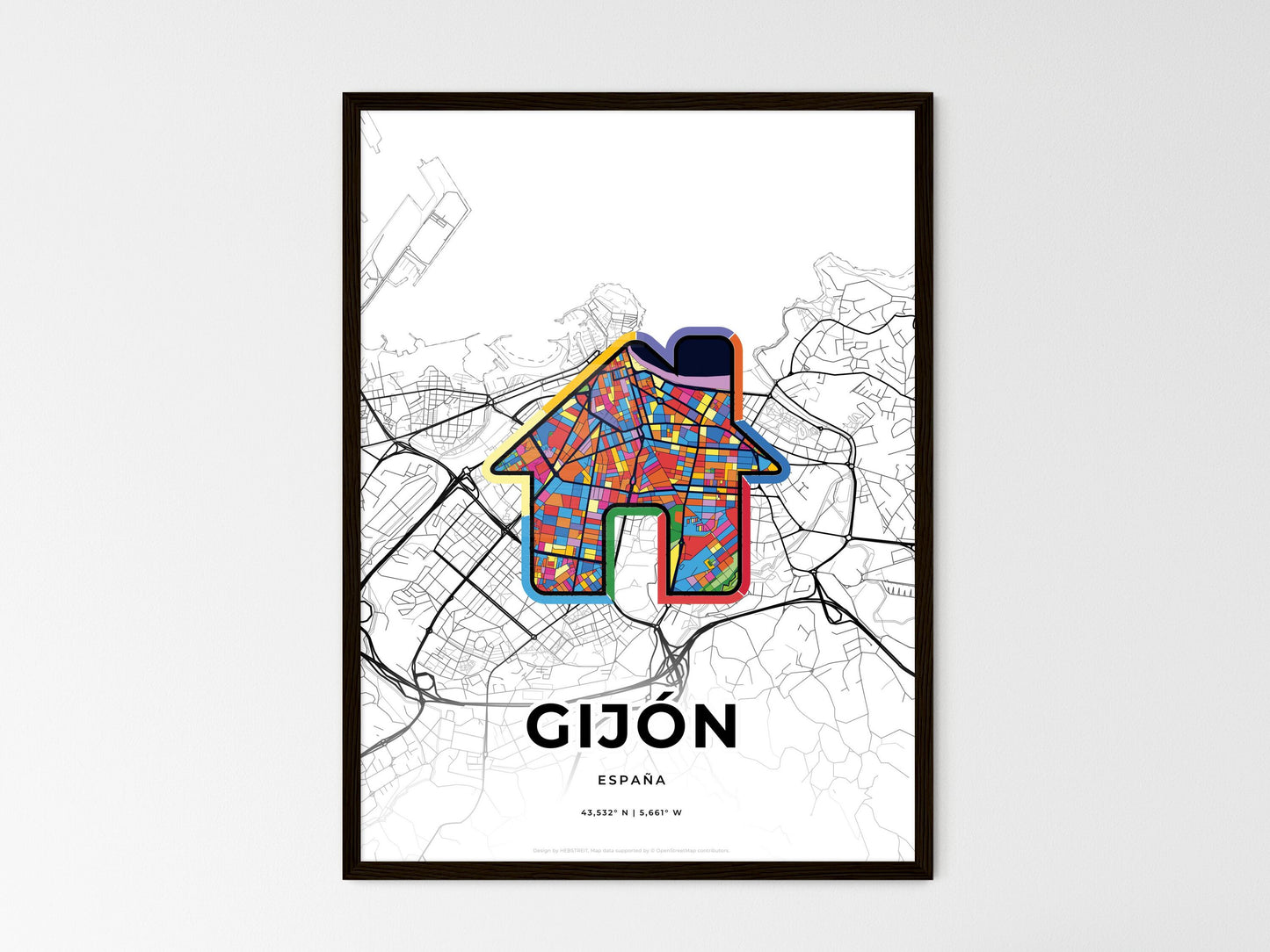 Gijón Spain wedding art map with home icon