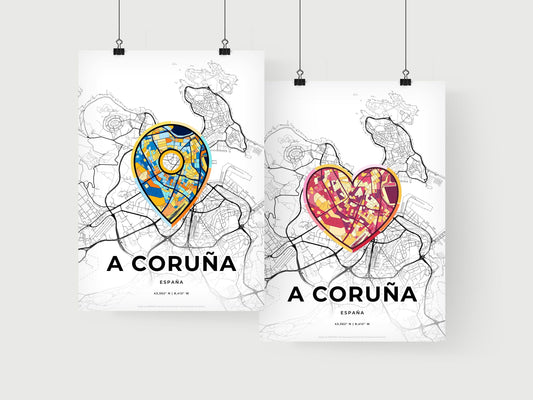 A CORUÑA SPAIN minimal art map with a colorful icon. Where it all began, Couple map gift.