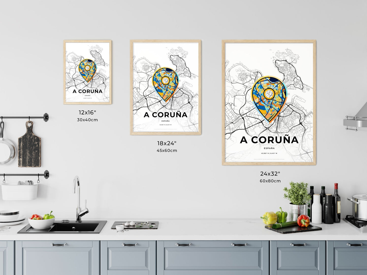 A CORUÑA SPAIN minimal art map with a colorful icon. Where it all began, Couple map gift.