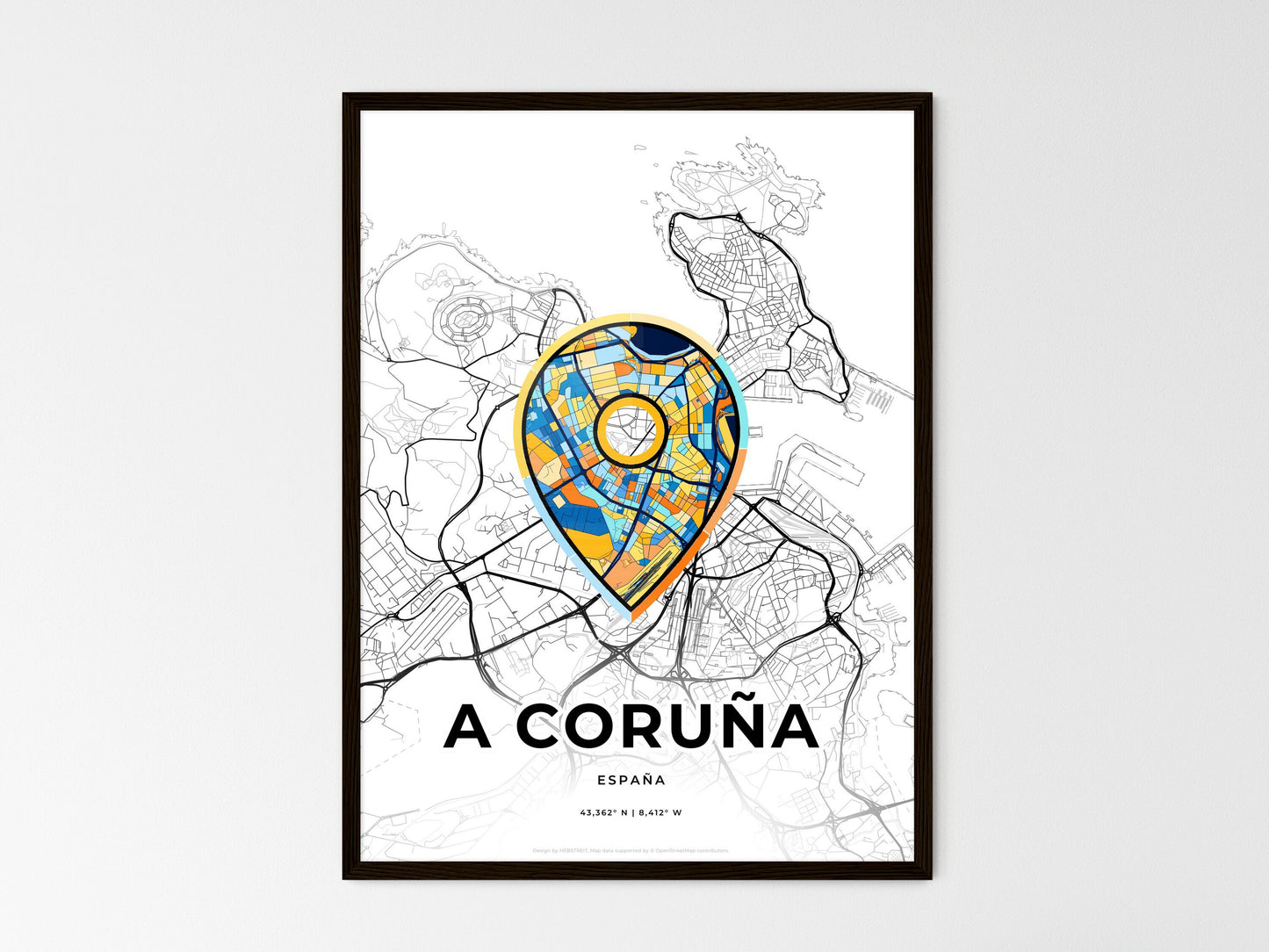 A CORUÑA SPAIN minimal art map with a colorful icon. Where it all began, Couple map gift. Style 1