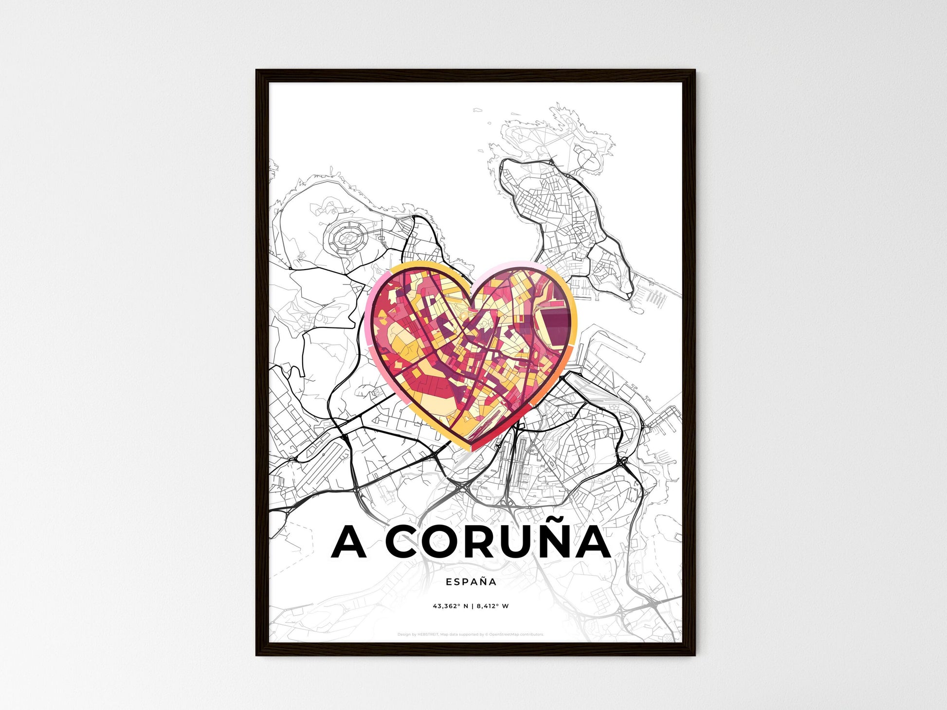 A CORUÑA SPAIN minimal art map with a colorful icon. Where it all began, Couple map gift. Style 2