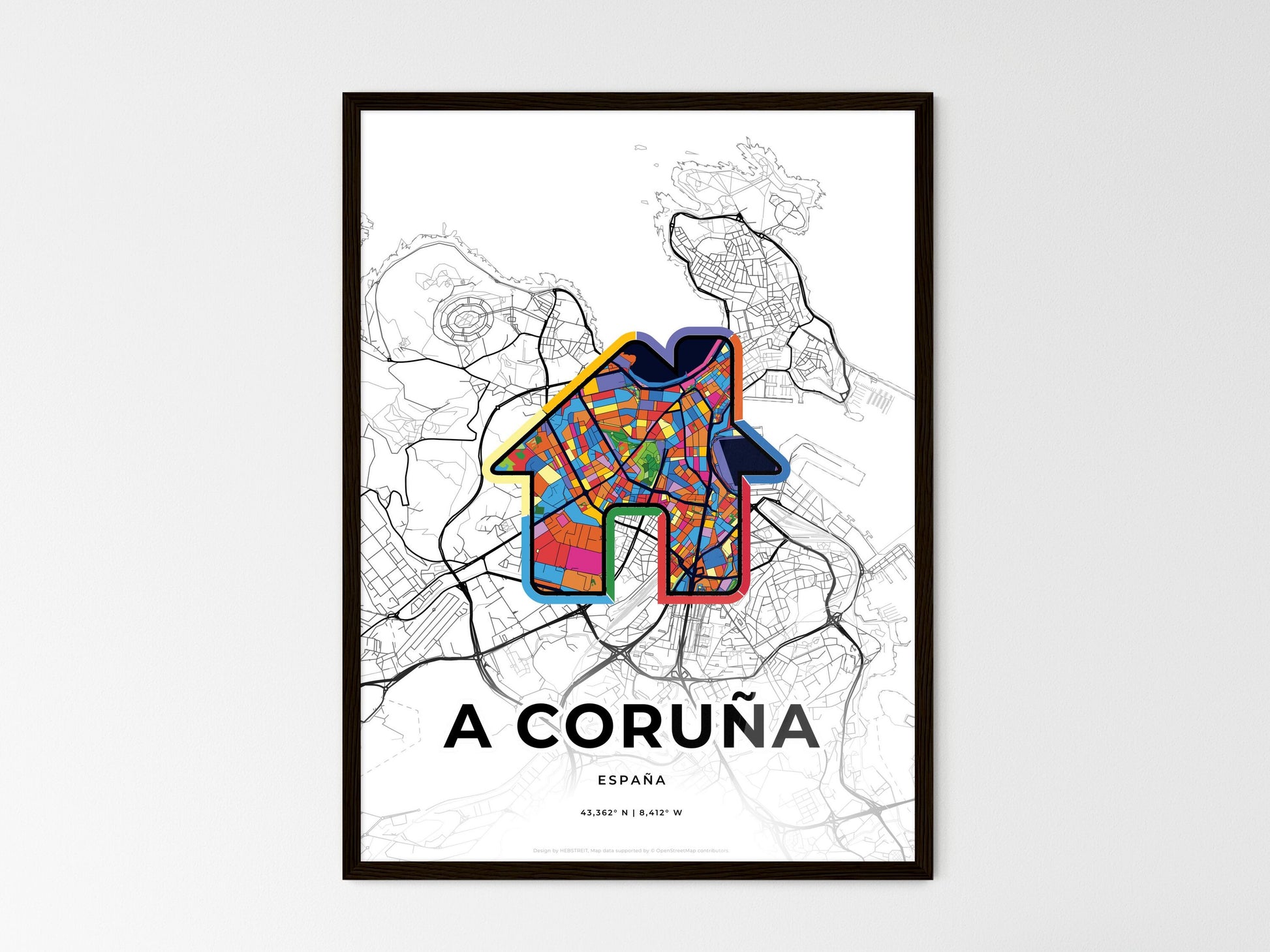 A CORUÑA SPAIN minimal art map with a colorful icon. Where it all began, Couple map gift. Style 3