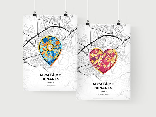 ALCALÁ DE HENARES SPAIN minimal art map with a colorful icon. Where it all began, Couple map gift.