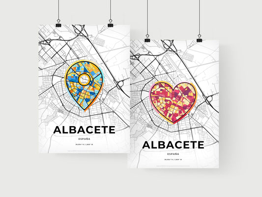 ALBACETE SPAIN minimal art map with a colorful icon. Where it all began, Couple map gift.