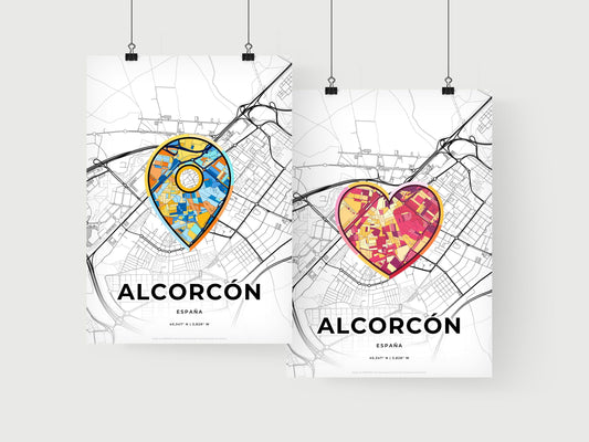 ALCORCÓN SPAIN minimal art map with a colorful icon. Where it all began, Couple map gift.