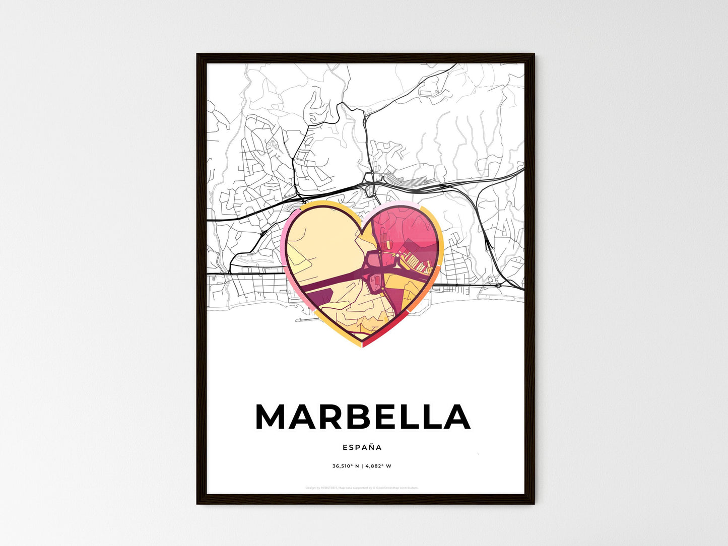 Marbella Spain wedding art map with heart icon