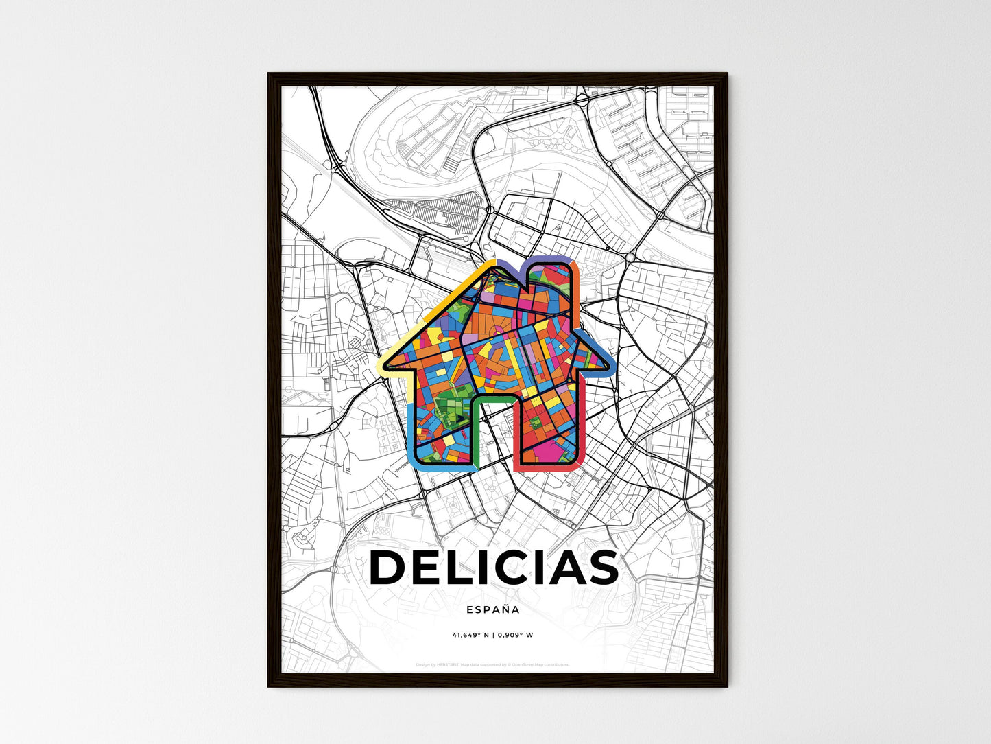 Delicias Spain wedding art map with home icon