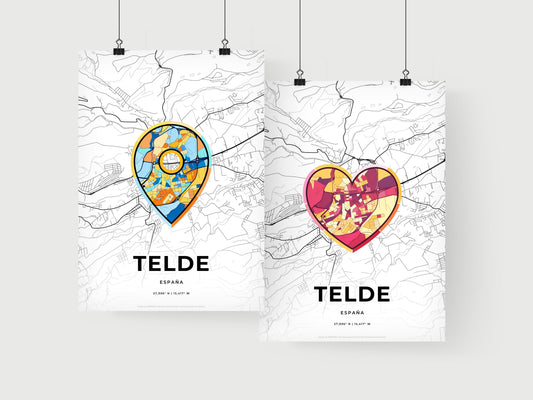 TELDE SPAIN minimal art map with a colorful icon. Where it all began, Couple map gift.