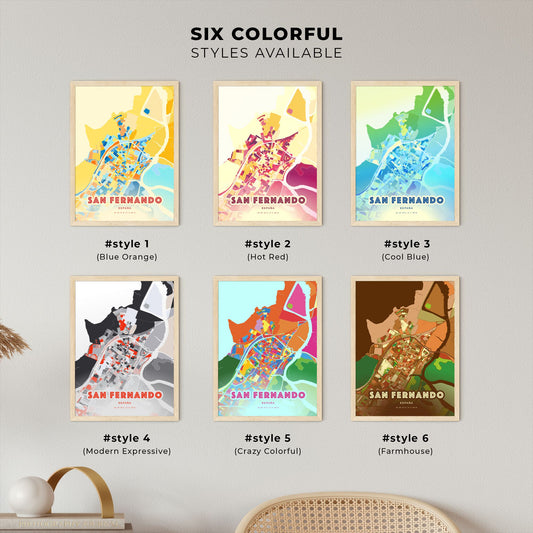 Colorful SAN FERNANDO SPAIN Fine Art Map Blue Orange
