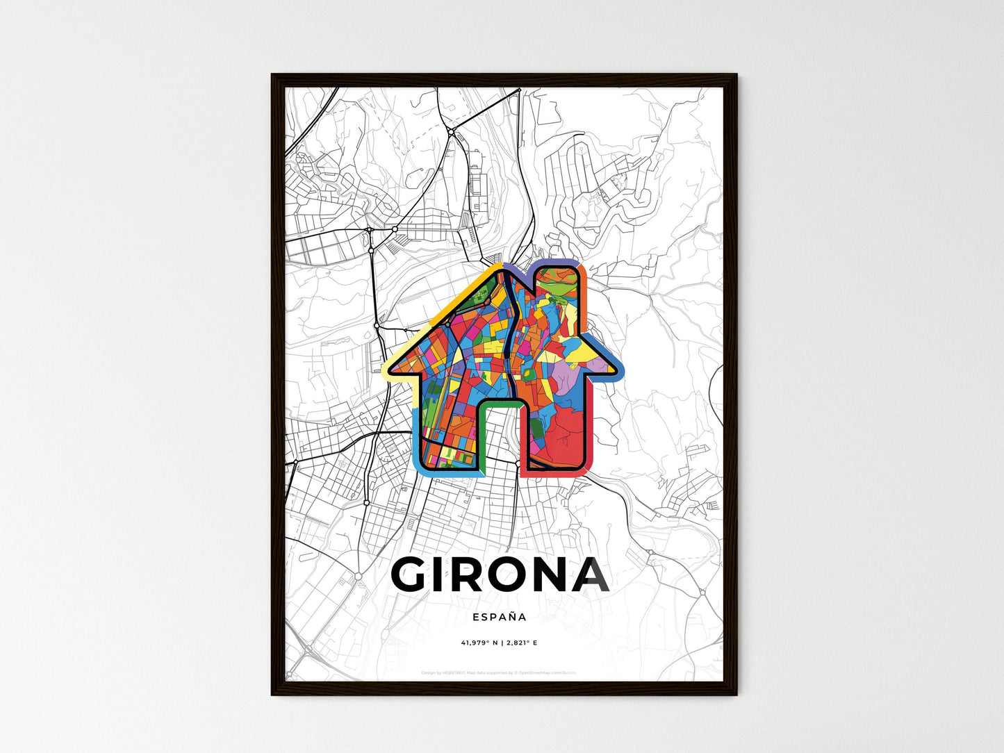 Girona Spain wedding art map with home icon