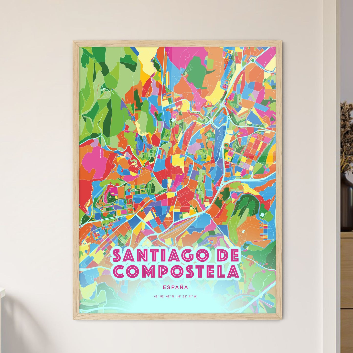 Colorful SANTIAGO DE COMPOSTELA SPAIN Fine Art Map Crazy Colors