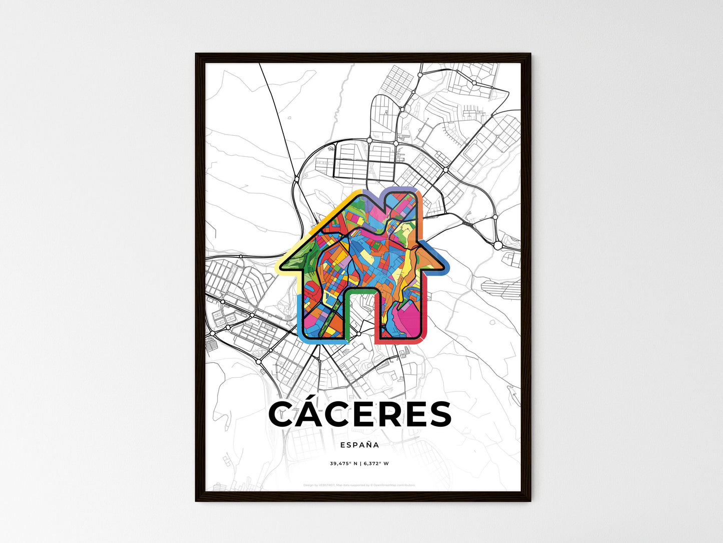 Cáceres Spain wedding art map with home icon
