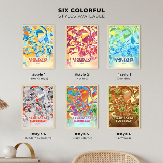Colorful SANT BOI DE LLOBREGAT SPAIN Fine Art Map Blue Orange