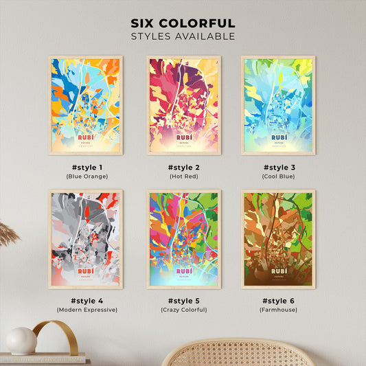 Colorful RUBÍ SPAIN Fine Art Map Blue Orange