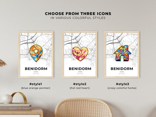 Benidorm Spain maps with colorful icons