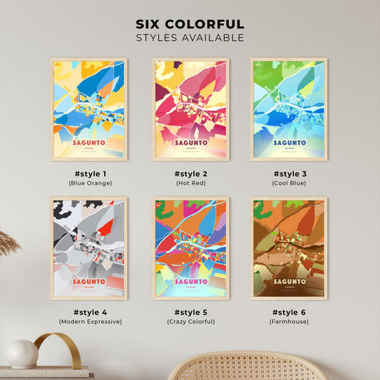 Colorful SAGUNTO SPAIN Fine Art Map Blue Orange