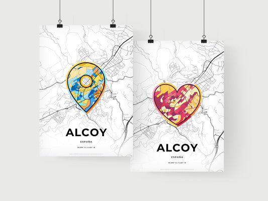 ALCOY SPAIN minimal art map with a colorful icon. Where it all began, Couple map gift.
