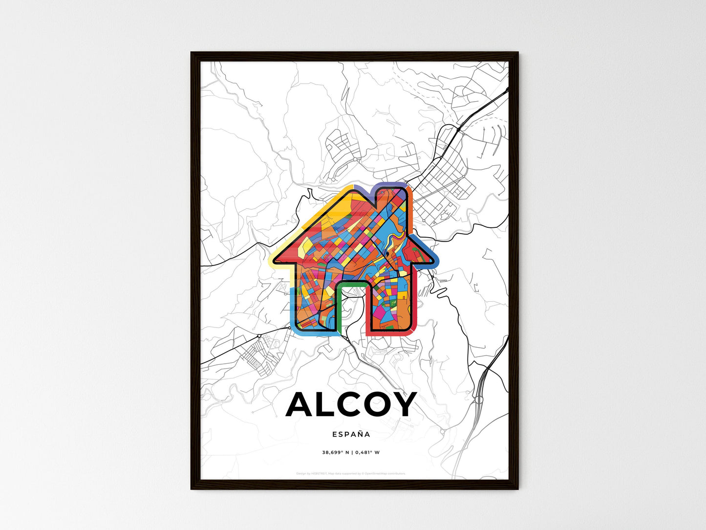 Alcoy Spain wedding art map with home icon