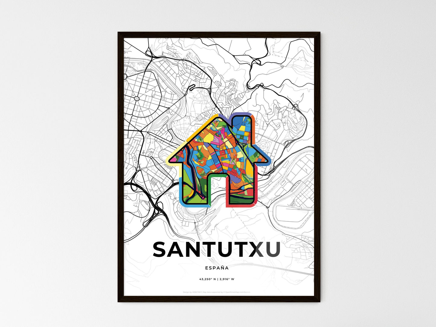 Santutxu Spain wedding art map with home icon