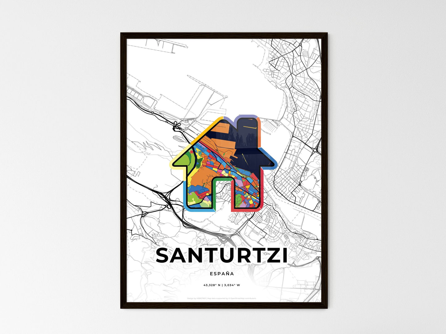 Santurtzi Spain wedding art map with home icon