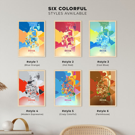 Colorful ÉCIJA SPAIN Fine Art Map Blue Orange