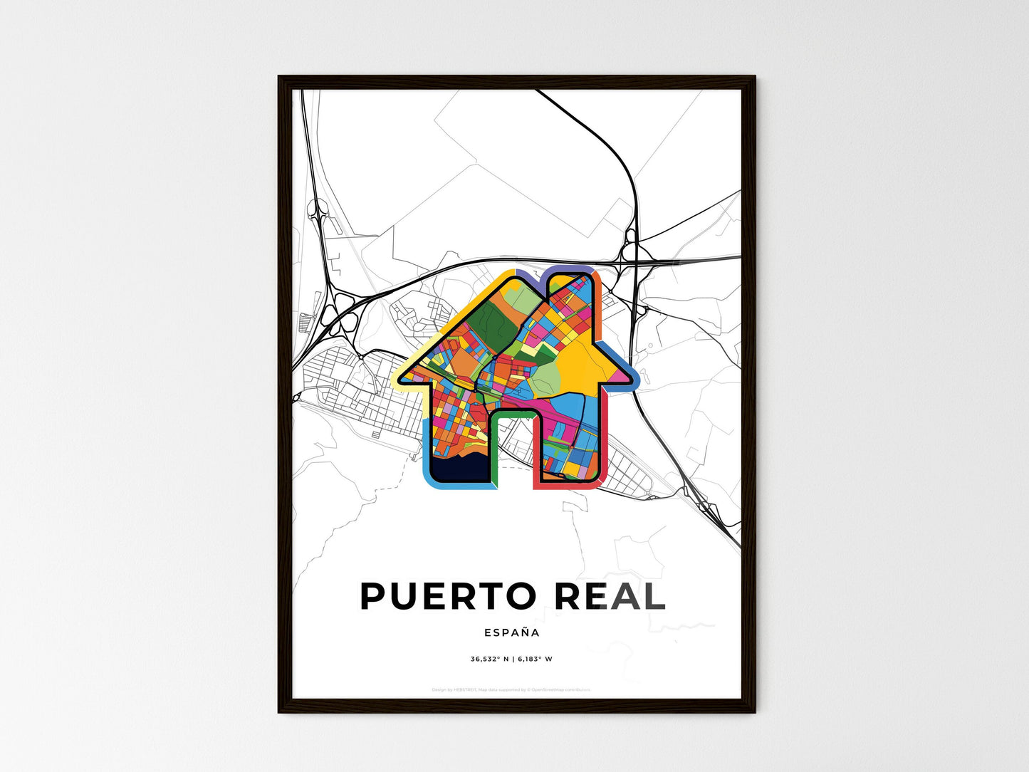 Puerto Real Spain wedding art map with home icon