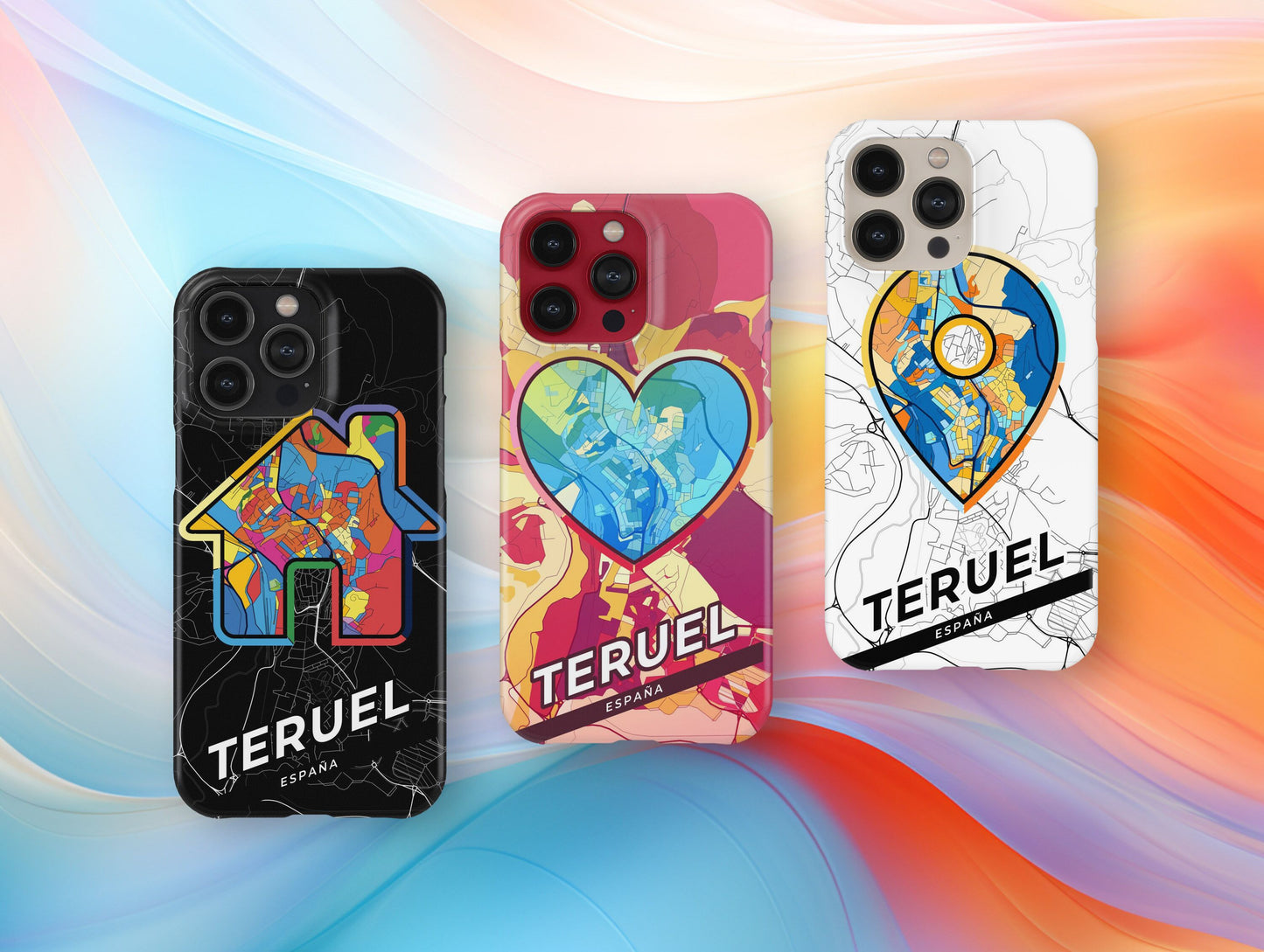 Teruel Spain slim phone case with colorful icon. Birthday, wedding or housewarming gift. Couple match cases.