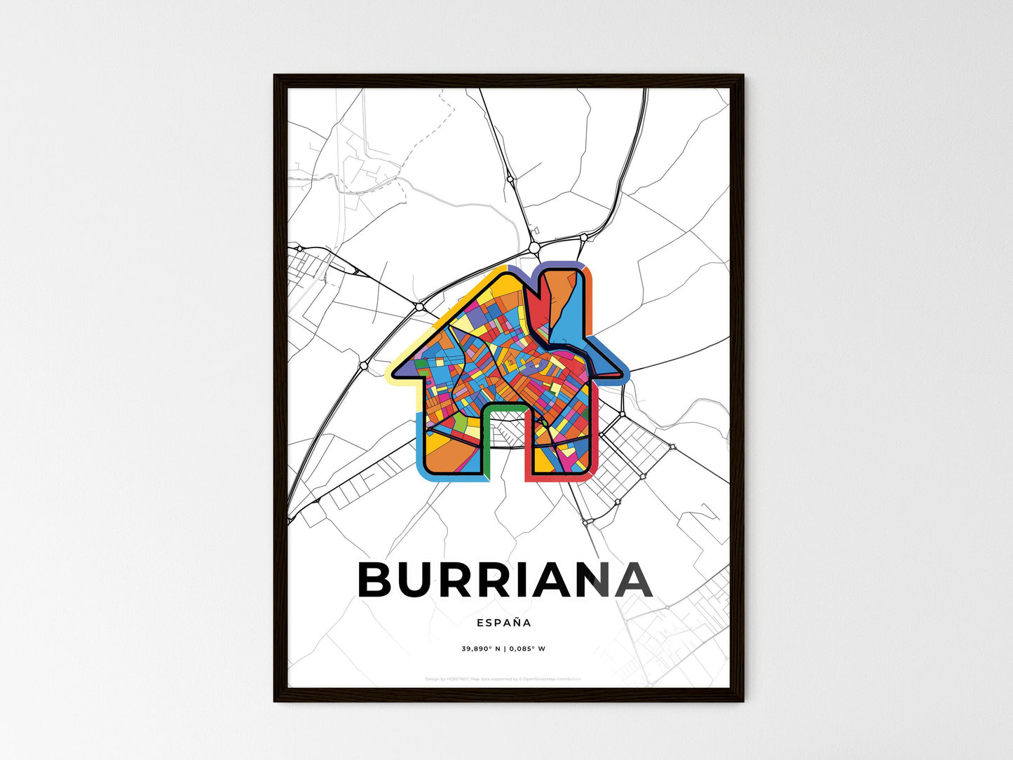 Burriana Spain wedding art map with home icon