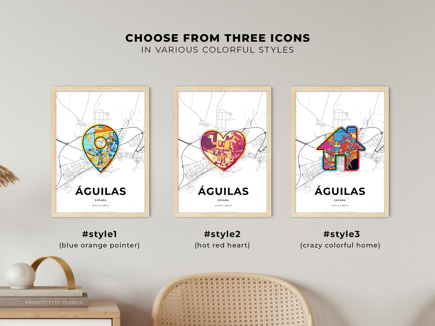 ÁGUILAS SPAIN minimal art map with a colorful icon. Where it all began, Couple map gift.