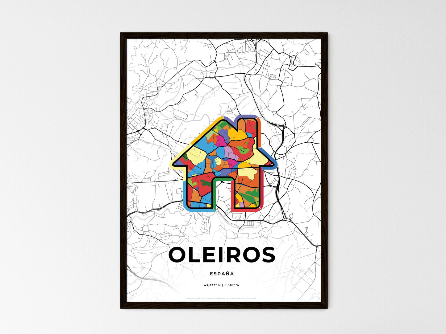 Oleiros Spain wedding art map with home icon