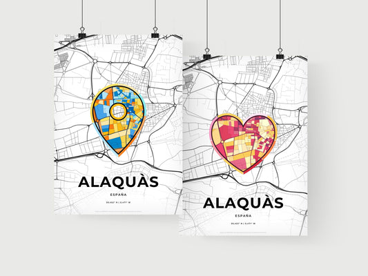 ALAQUÀS SPAIN minimal art map with a colorful icon. Where it all began, Couple map gift.