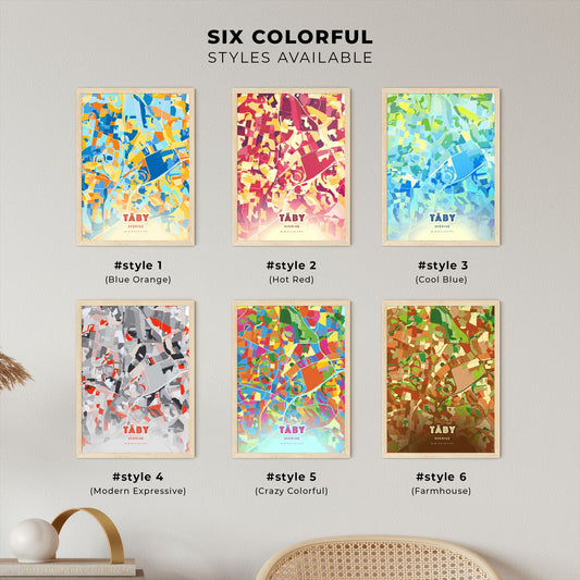 Colorful TÄBY SWEDEN Fine Art Map Blue Orange