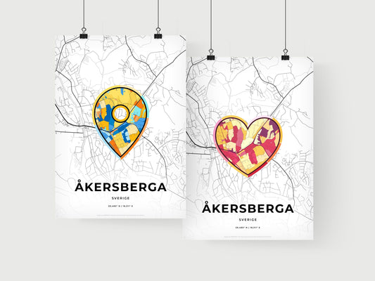 ÅKERSBERGA SWEDEN minimal art map with a colorful icon. Where it all began, Couple map gift.
