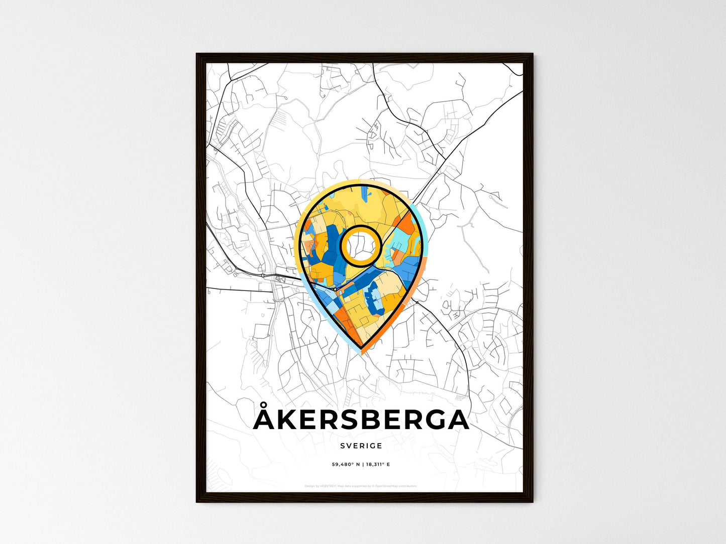 ÅKERSBERGA SWEDEN minimal art map with a colorful icon. Where it all began, Couple map gift. Style 1
