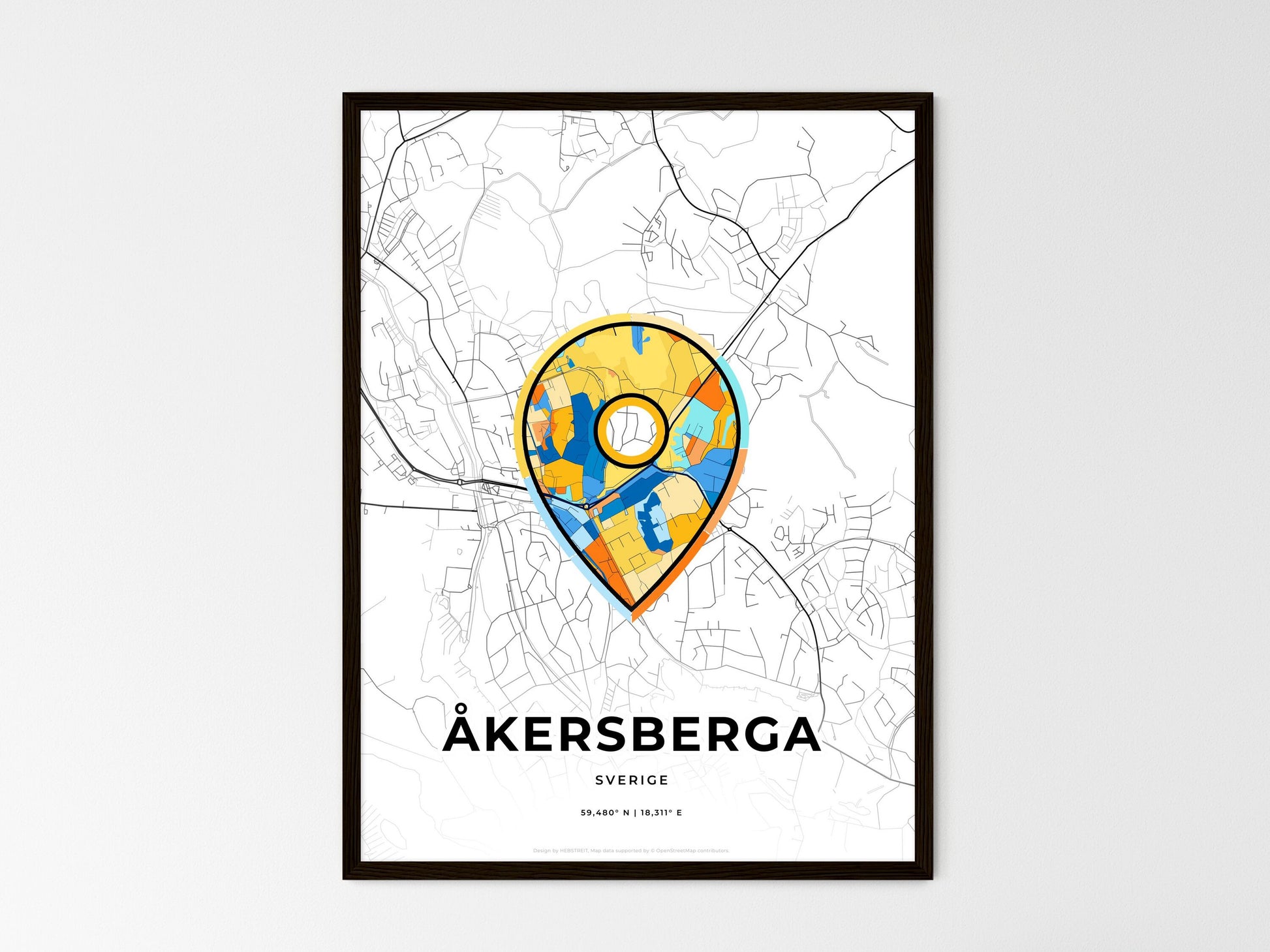 ÅKERSBERGA SWEDEN minimal art map with a colorful icon. Where it all began, Couple map gift. Style 1