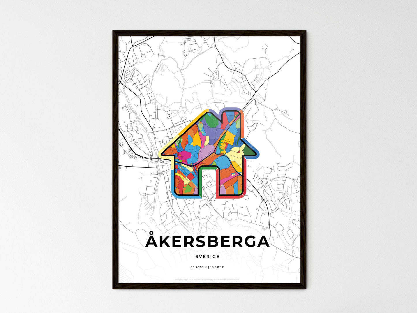 ÅKERSBERGA SWEDEN minimal art map with a colorful icon. Where it all began, Couple map gift. Style 3