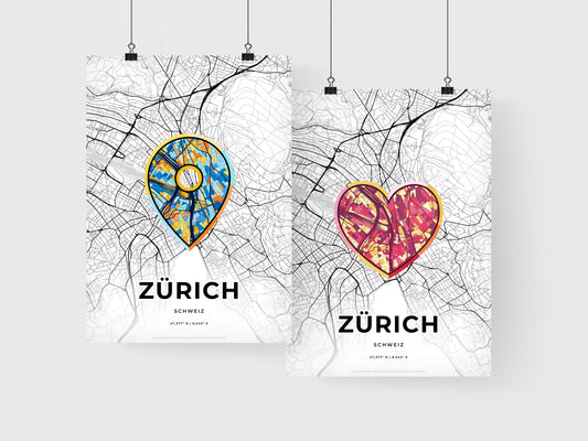 ZÜRICH SWITZERLAND minimal art map with a colorful icon. Where it all began, Couple map gift.