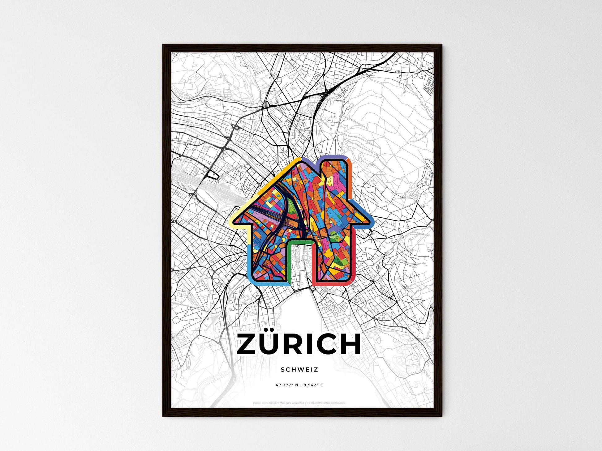 ZÜRICH SWITZERLAND minimal art map with a colorful icon. Where it all began, Couple map gift. Style 3