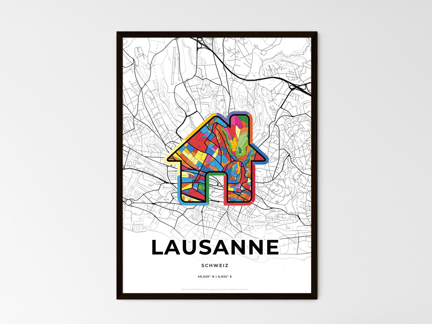 Lausanne Switzerland wedding art map with home icon