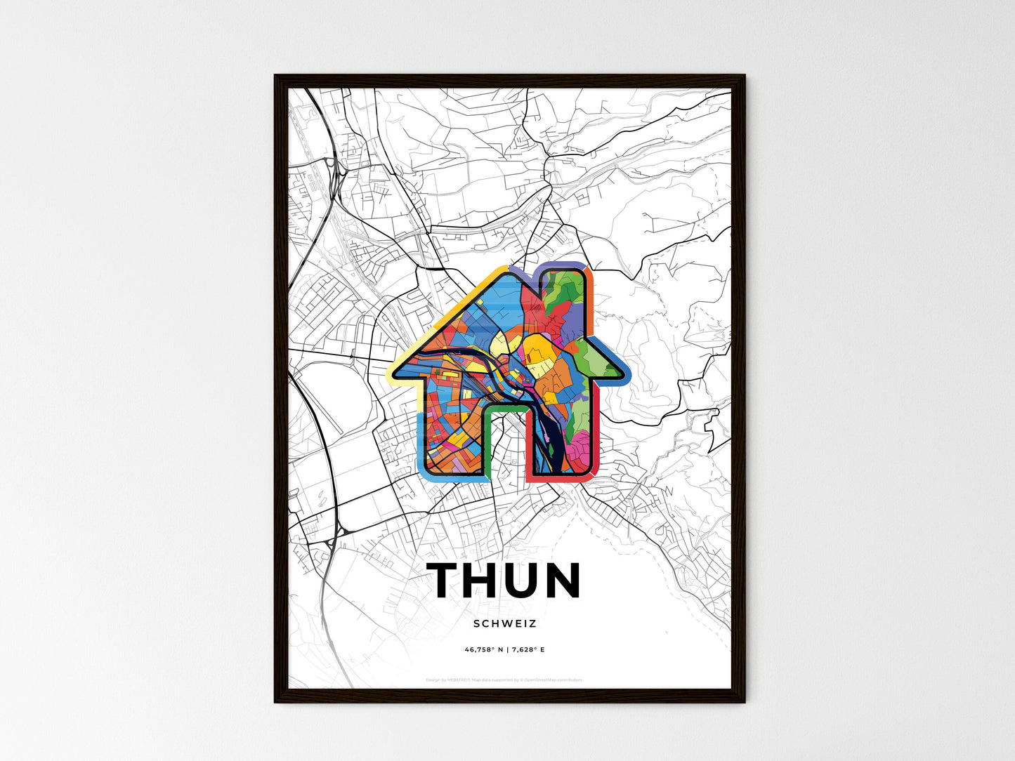 Thun Switzerland wedding art map with home icon