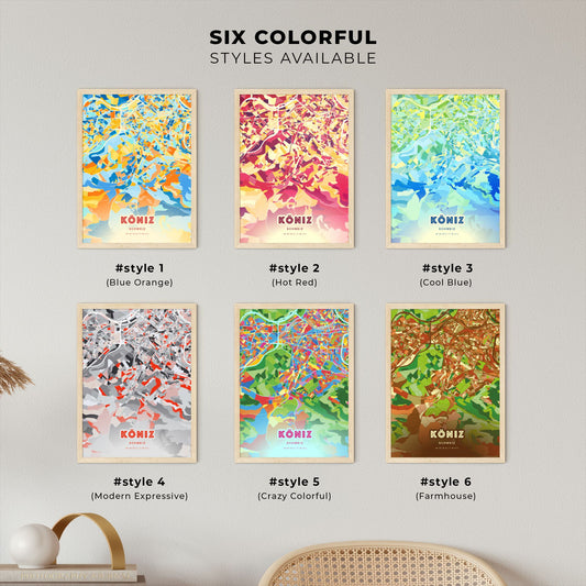 Colorful KÖNIZ SWITZERLAND Fine Art Map Blue Orange