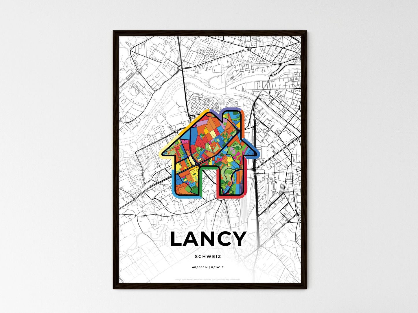 Lancy Switzerland wedding art map with home icon