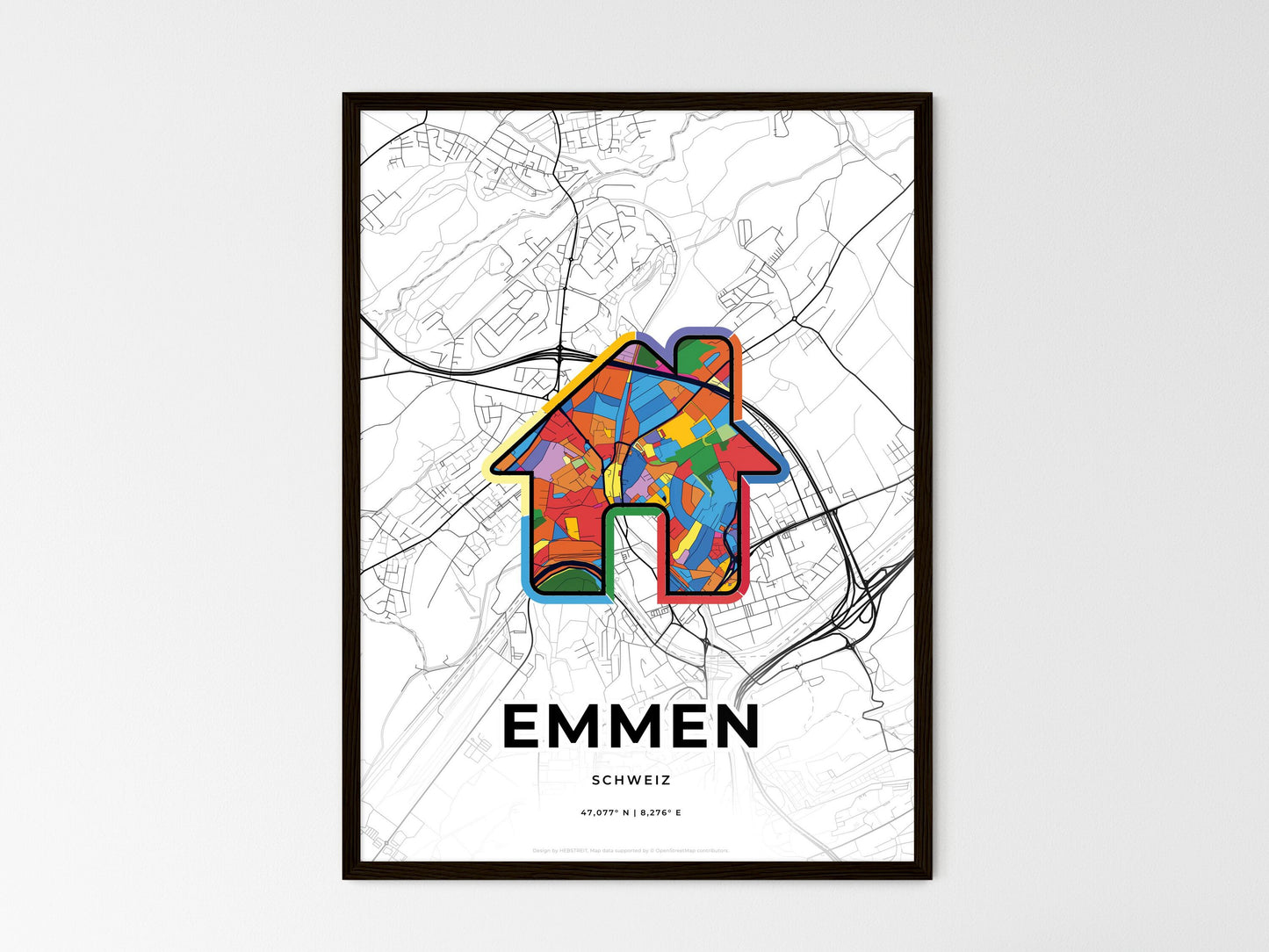 Emmen Switzerland wedding art map with home icon