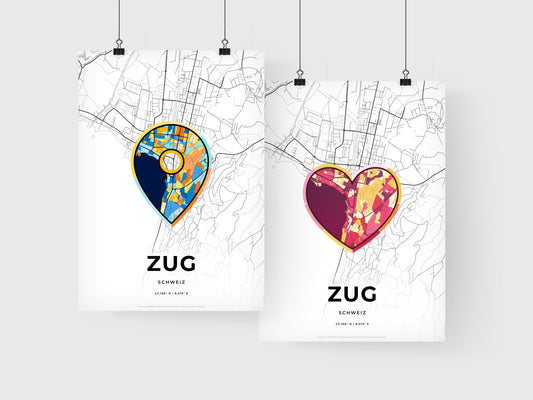 ZUG SWITZERLAND minimal art map with a colorful icon. Where it all began, Couple map gift.