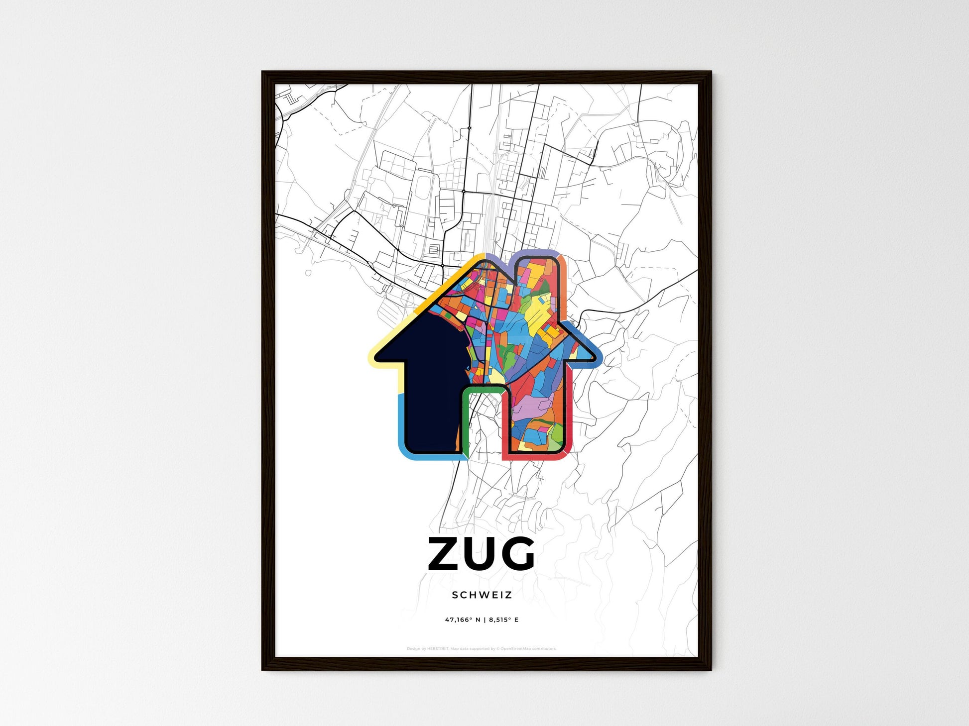 ZUG SWITZERLAND minimal art map with a colorful icon. Where it all began, Couple map gift. Style 3