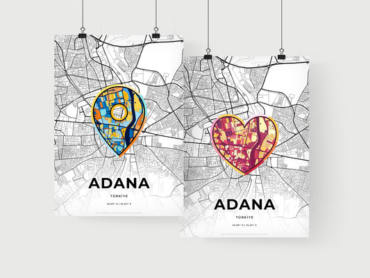 ADANA TURKEY minimal art map with a colorful icon. Where it all began, Couple map gift.