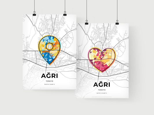 AĞRI TURKEY minimal art map with a colorful icon. Where it all began, Couple map gift.