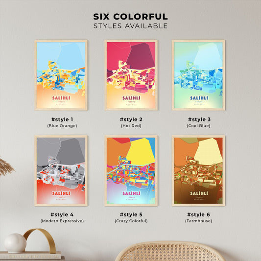 Colorful SALIHLI TURKEY Fine Art Map Blue Orange