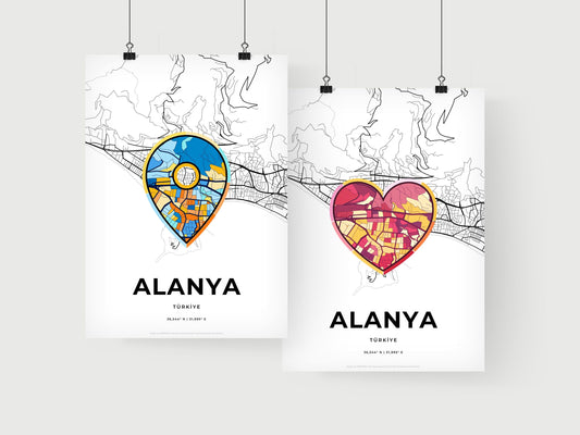 ALANYA TURKEY minimal art map with a colorful icon. Where it all began, Couple map gift.