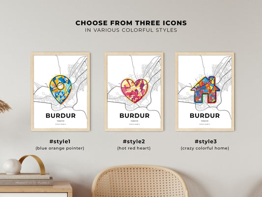 Burdur Turkey maps with colorful icons
